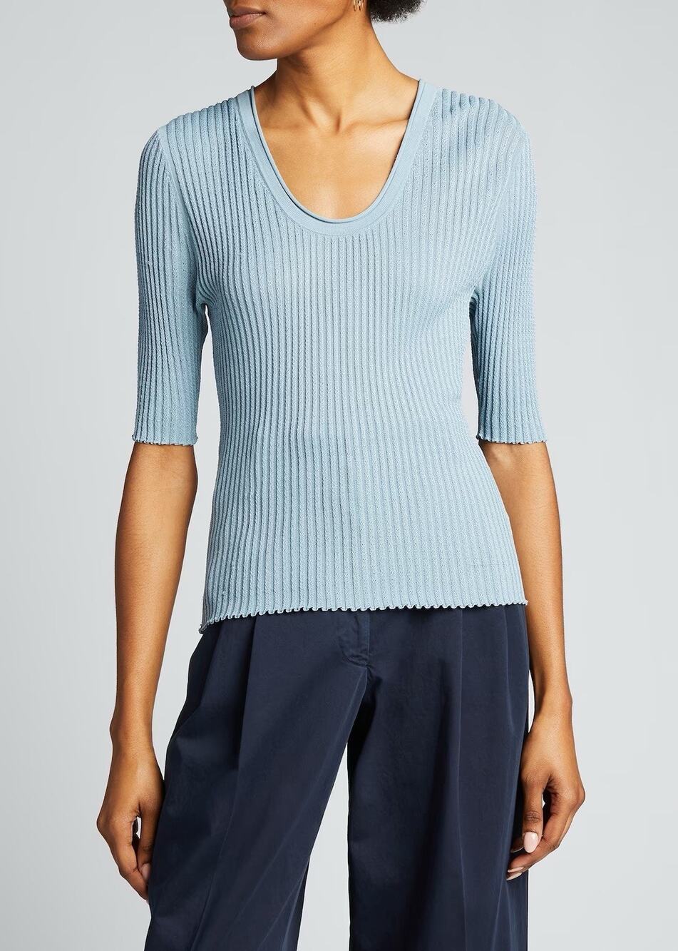 Veronica Beard Fany Scoop Neck Pullover Ribbed Skit Sweater Top Blue Xs